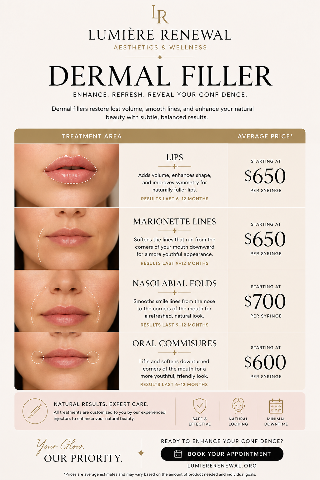 Dermal filler price guide for lips, marionette lines, nasolabial folds and oral commissures