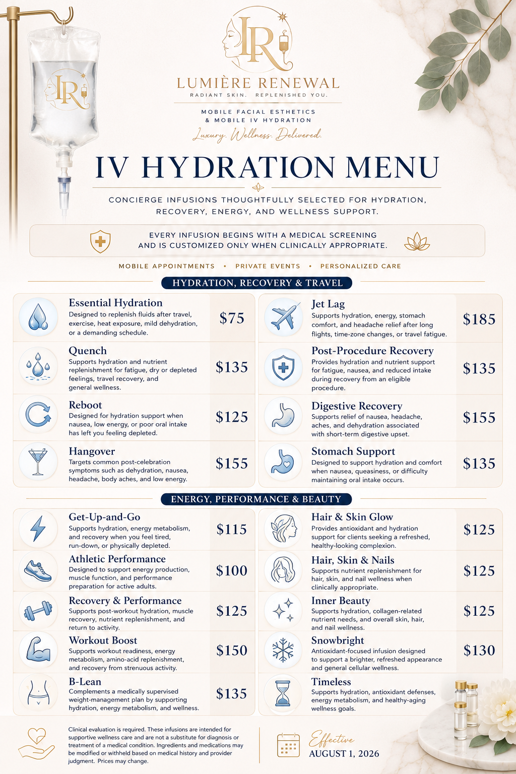IV hydration price menu
